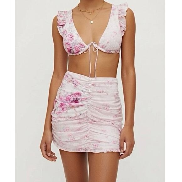 For Love & Lemons NWT Taylor Pink Floral Ruffle Crop Top Ruched Skirt Set Large - Picture 2 of 15